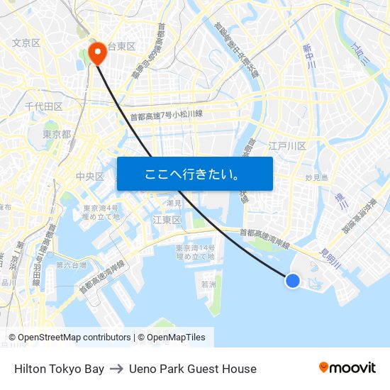 Hilton Tokyo Bay to Ueno Park Guest House map