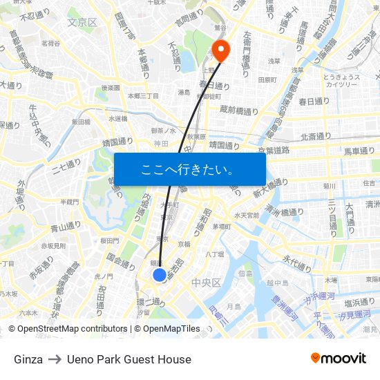 Ginza to Ueno Park Guest House map