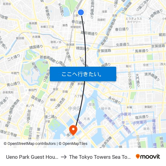 Ueno Park Guest House to The Tokyo Towers Sea Tower map