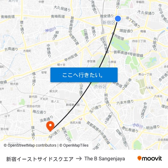 Shinjuku Eastside to The B Sangenjaya map