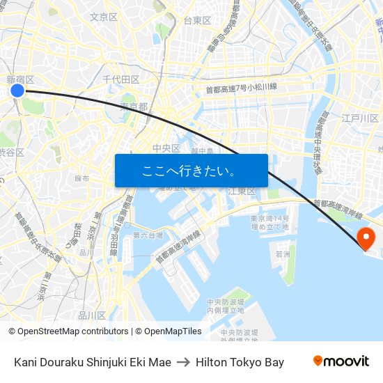 Kani Douraku Shinjuki Eki Mae to Hilton Tokyo Bay map