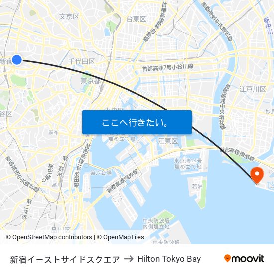 Shinjuku Eastside to Hilton Tokyo Bay map
