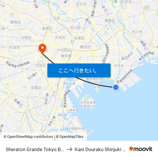 Sheraton Grande Tokyo Bay Hotel to Kani Douraku Shinjuki Eki Mae map