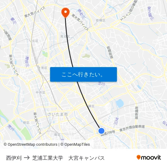 西伊刈 to 芝浦工業大学　大宮キャンパス map