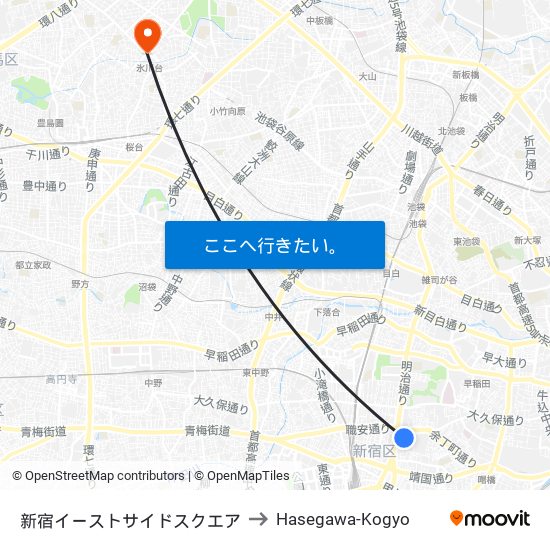 Shinjuku Eastside to Hasegawa-Kogyo map
