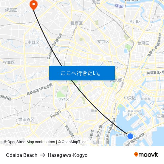 Odaiba Beach to Hasegawa-Kogyo map