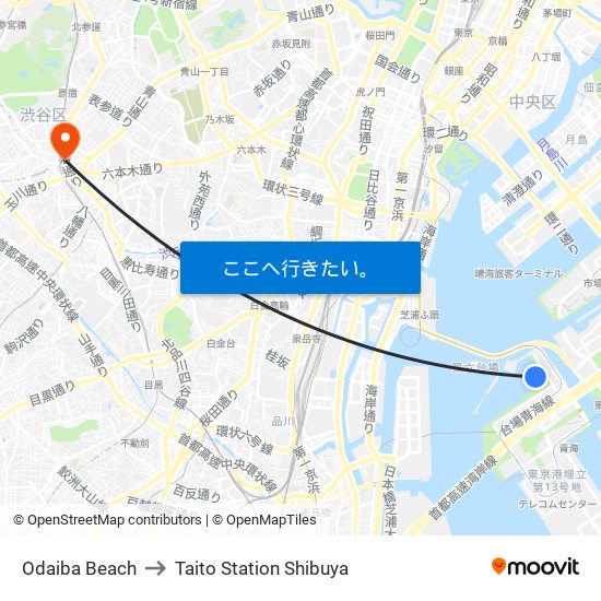 Odaiba Beach to Taito Station Shibuya map