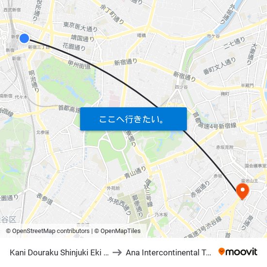 Kani Douraku Shinjuki Eki Mae to Ana Intercontinental Tokyo map