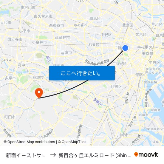 Shinjuku Eastside to 新百合ヶ丘エルミロード (Shin Yurigaoka L-Mylord) map