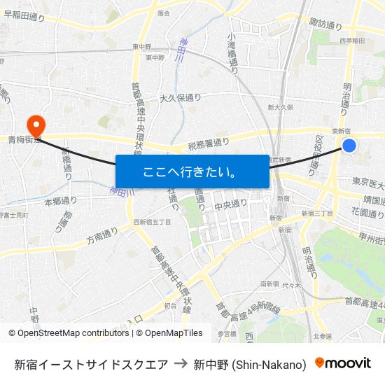 Shinjuku Eastside to 新中野 (Shin-Nakano) map