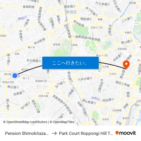 Pension Shimokitazawa to Park Court Roppongi Hill Top map