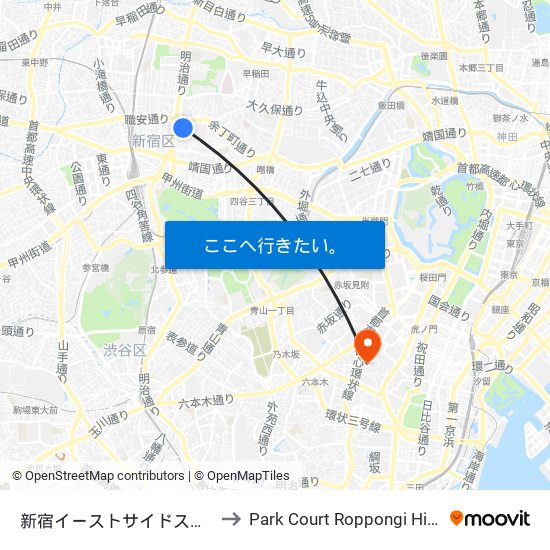 Shinjuku Eastside to Park Court Roppongi Hill Top map