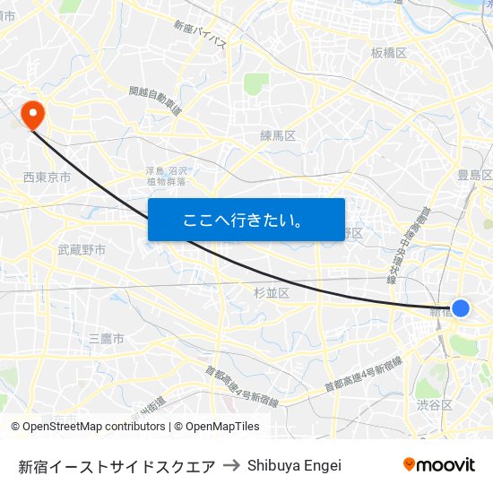 Shinjuku Eastside to Shibuya Engei map
