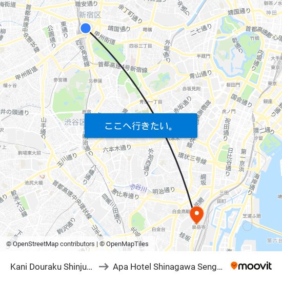 Kani Douraku Shinjuki Eki Mae to Apa Hotel Shinagawa Sengakuji Eki-Mae map