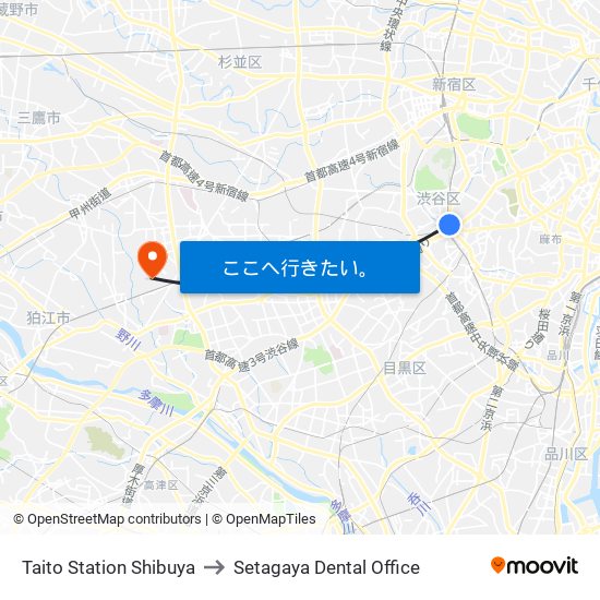 Taito Station Shibuya to Setagaya Dental Office map