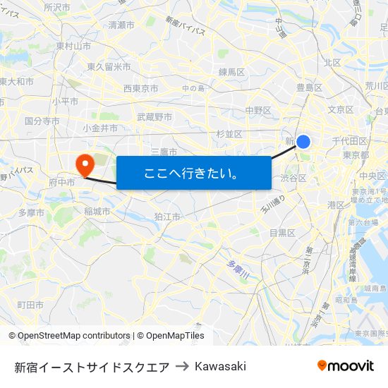 Shinjuku Eastside to Kawasaki map