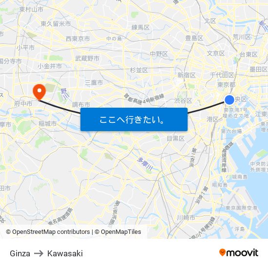 Ginza to Kawasaki map