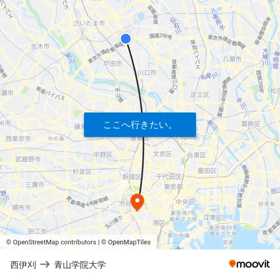 西伊刈 to 青山学院大学 map
