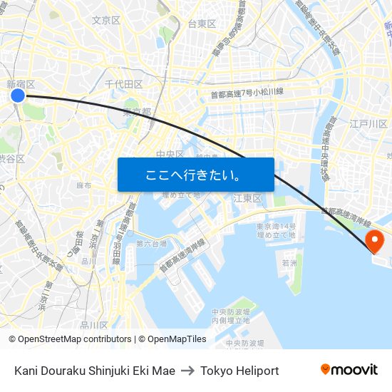 Kani Douraku Shinjuki Eki Mae to Tokyo Heliport map