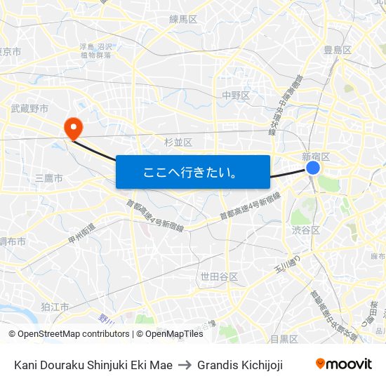 Kani Douraku Shinjuki Eki Mae to Grandis Kichijoji map