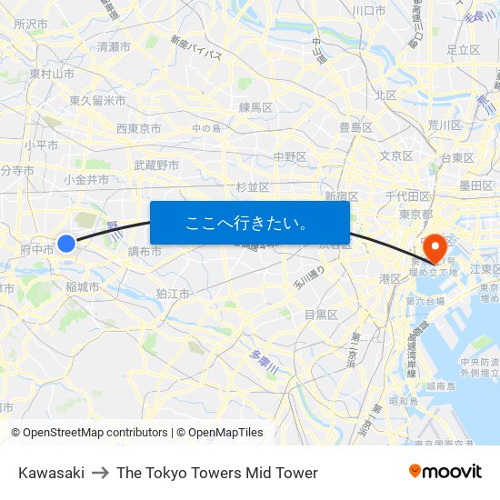 Kawasaki to The Tokyo Towers Mid Tower map