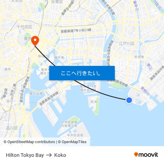 Hilton Tokyo Bay to Koko map