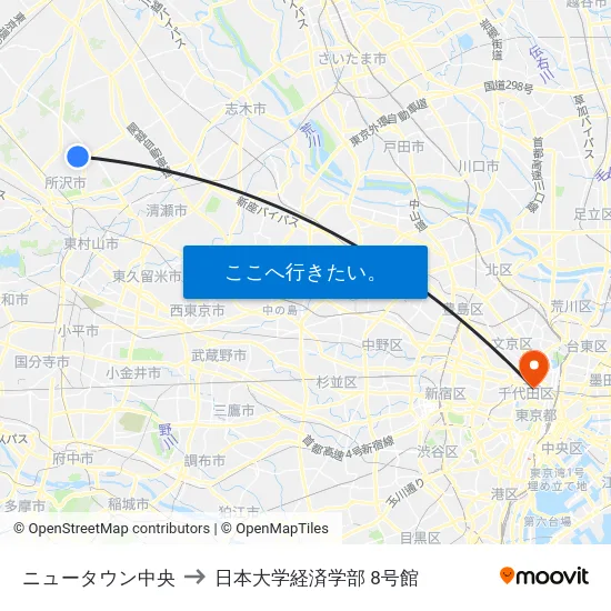 ニュータウン中央 to 日本大学経済学部 8号館 map