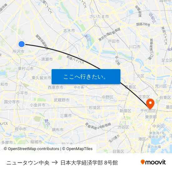 ニュータウン中央 to 日本大学経済学部 8号館 map