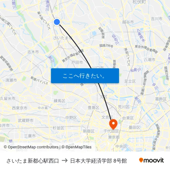 さいたま新都心駅西口 to 日本大学経済学部 8号館 map