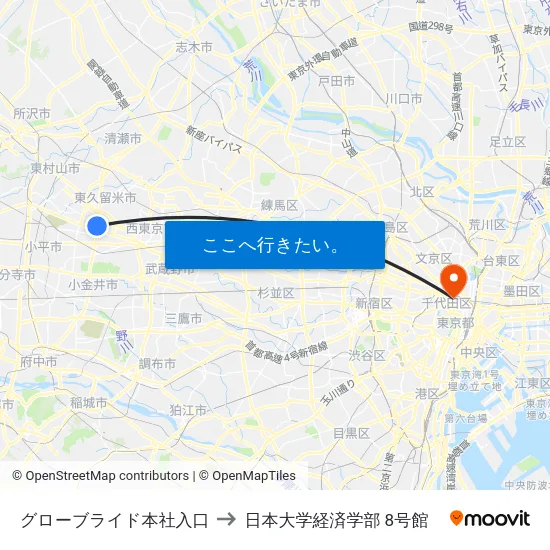 グローブライド本社入口 to 日本大学経済学部 8号館 map
