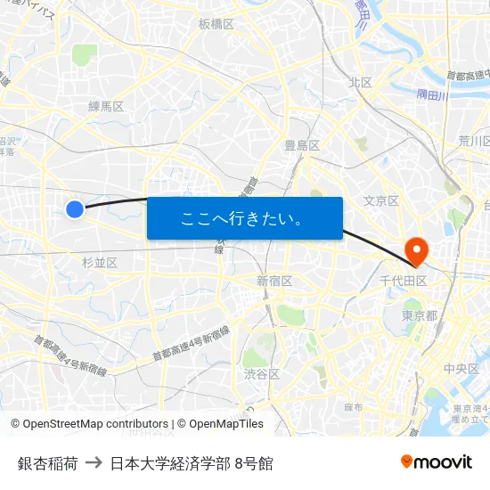 銀杏稲荷 to 日本大学経済学部 8号館 map