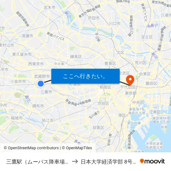 三鷹駅（ムーバス降車場） to 日本大学経済学部 8号館 map