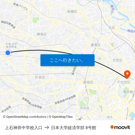 上石神井中学校入口 to 日本大学経済学部 8号館 map