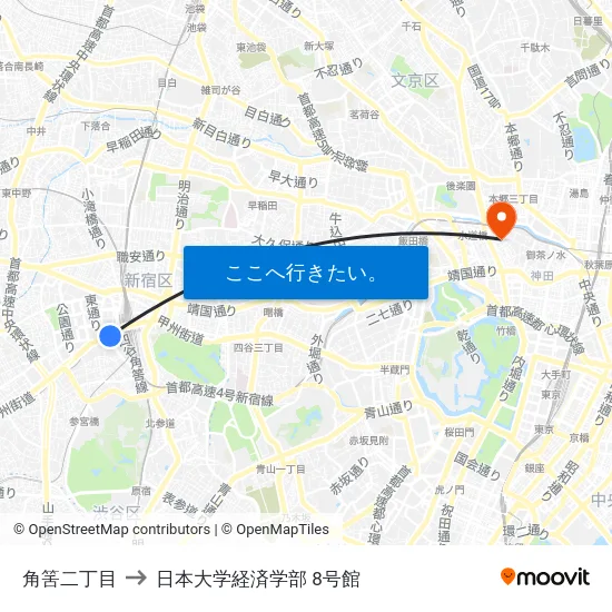 角筈二丁目 to 日本大学経済学部 8号館 map