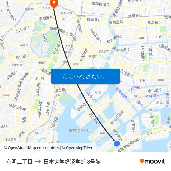 有明二丁目 to 日本大学経済学部 8号館 map