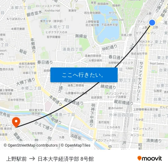 上野駅前 to 日本大学経済学部 8号館 map