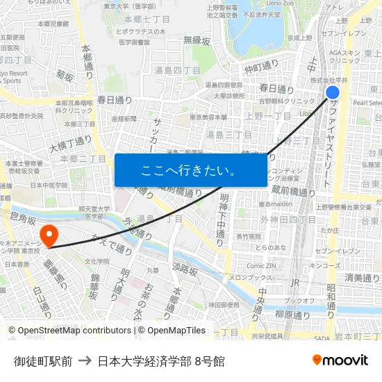 御徒町駅前 to 日本大学経済学部 8号館 map