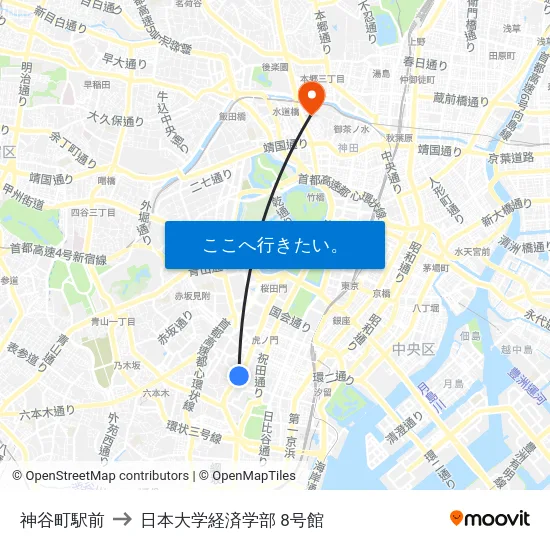 神谷町駅前 to 日本大学経済学部 8号館 map