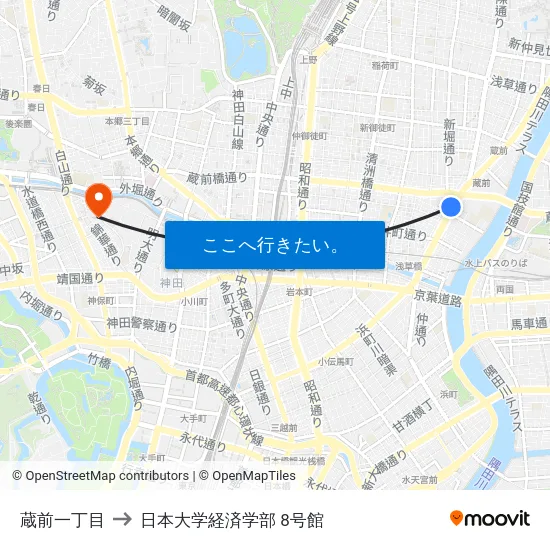 蔵前一丁目 to 日本大学経済学部 8号館 map