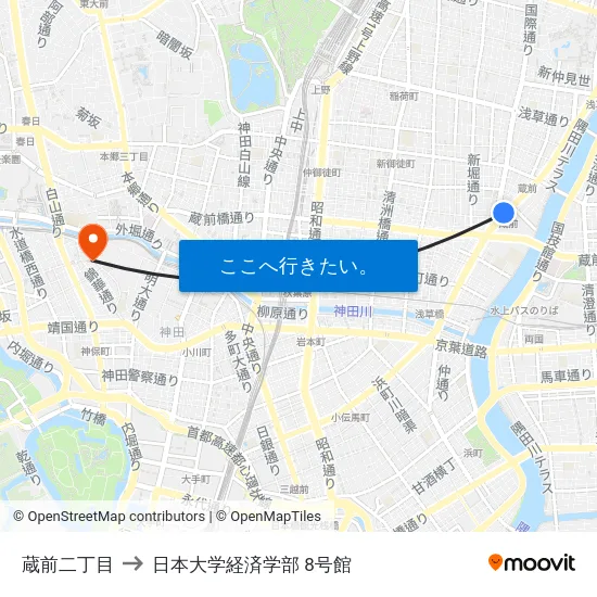 蔵前二丁目 to 日本大学経済学部 8号館 map