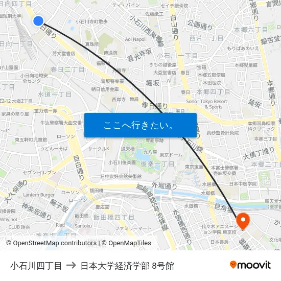 小石川四丁目 to 日本大学経済学部 8号館 map
