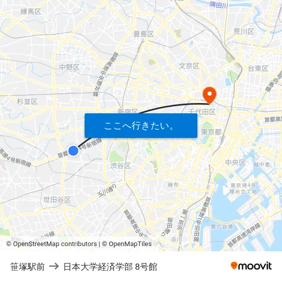 笹塚駅前 to 日本大学経済学部 8号館 map