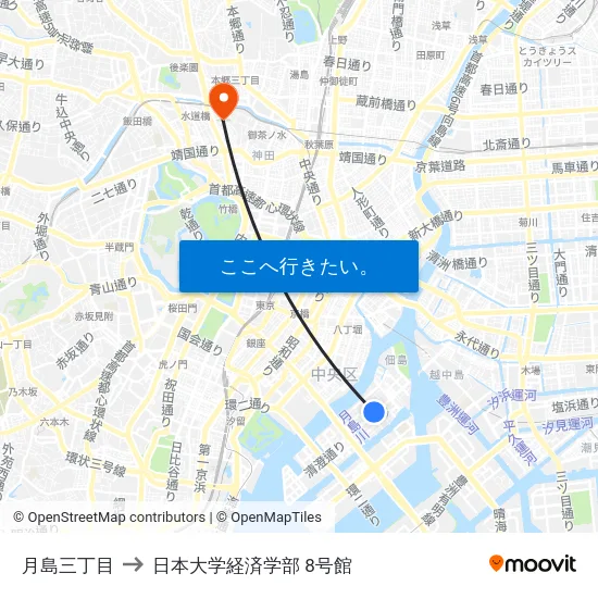 月島三丁目 to 日本大学経済学部 8号館 map