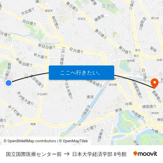 国立国際医療センター前 to 日本大学経済学部 8号館 map