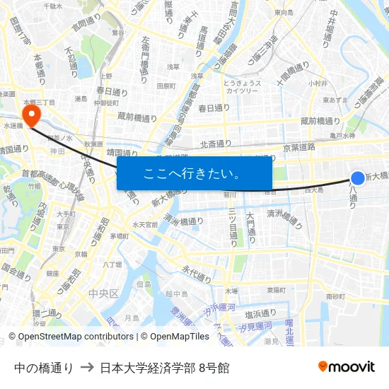 中の橋通り to 日本大学経済学部 8号館 map
