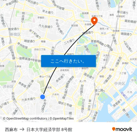 西麻布 to 日本大学経済学部 8号館 map