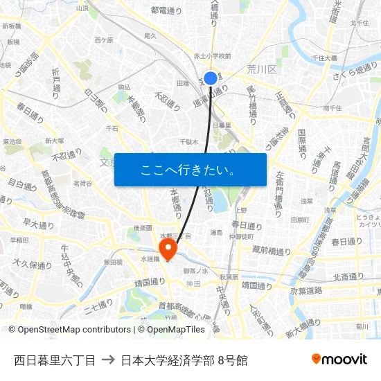 西日暮里六丁目 to 日本大学経済学部 8号館 map