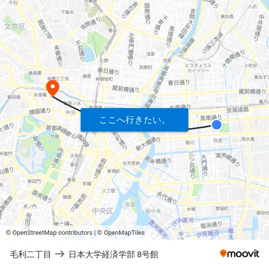 毛利二丁目 to 日本大学経済学部 8号館 map