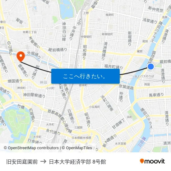 旧安田庭園前 to 日本大学経済学部 8号館 map