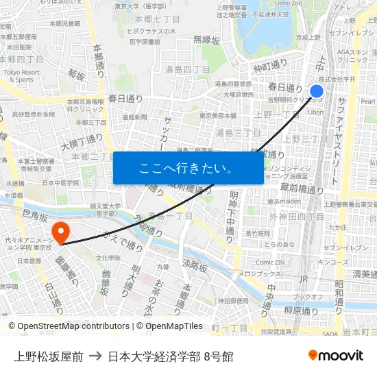 上野松坂屋前 to 日本大学経済学部 8号館 map